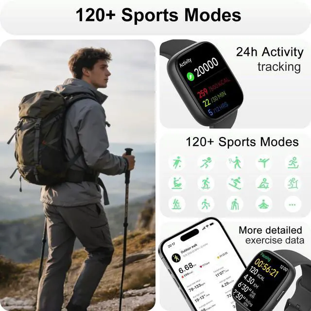 Alt view image 5 of 6 - Smart Watch with Alexa & Bluetooth Calling-1.83" HD Touchscreen Fitness Watch, Fitness Tracker w/Heart Rate/Sleep Monitor, 30-Day Standby, 120+ Sports Modes, IP68 Waterproof Smartwatch for Android iOS