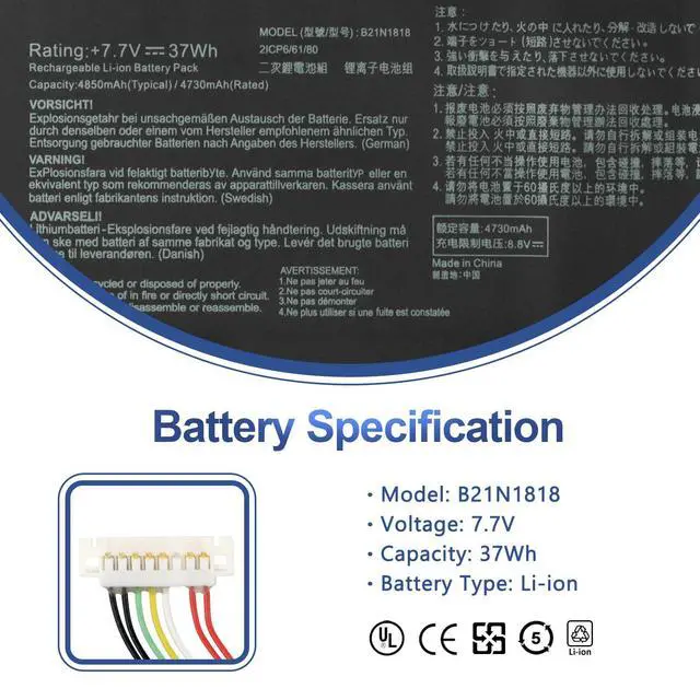 Alt view image 2 of 7 - B21N1818 C21N1818 Laptop Battery Replacement for Asus Vivobook 17 X712 X712FA A712 A712E A712EA D712DA D712UA F712 K712 M710 M712 P1701 S710 S712DA S712EA S712FA R710 R712 R754 Series 37Wh 4370mAh