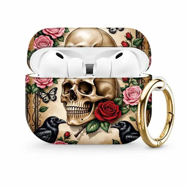 Main image of Compatible with AirPod Pro 3 Case (2025), Stylish Pattern Protective Cover with Keychain, Shockproof Anti-Drop TPU Case for Women and Men(Skull Roses Ravens Butterflies)