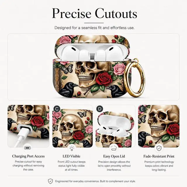 Alt view image 3 of 7 - Compatible with AirPod Pro 3 Case (2025), Stylish Pattern Protective Cover with Keychain, Shockproof Anti-Drop TPU Case for Women and Men(Skull Roses Ravens Butterflies)