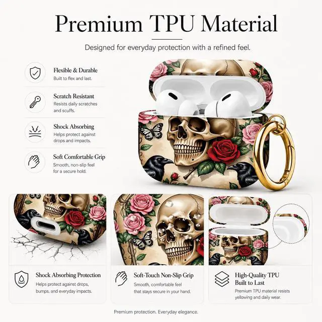 Alt view image 4 of 7 - Compatible with AirPod Pro 3 Case (2025), Stylish Pattern Protective Cover with Keychain, Shockproof Anti-Drop TPU Case for Women and Men(Skull Roses Ravens Butterflies)