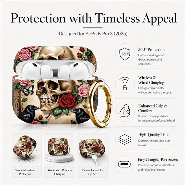Alt view image 5 of 7 - Compatible with AirPod Pro 3 Case (2025), Stylish Pattern Protective Cover with Keychain, Shockproof Anti-Drop TPU Case for Women and Men(Skull Roses Ravens Butterflies)