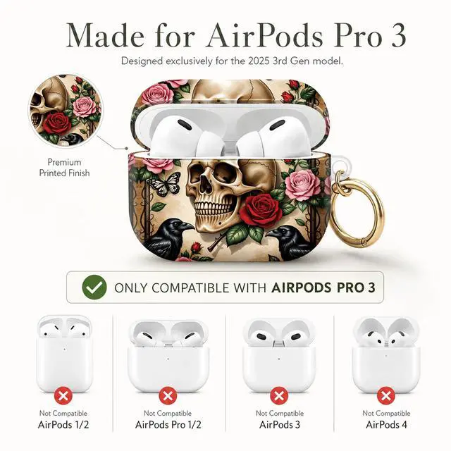 Alt view image 6 of 7 - Compatible with AirPod Pro 3 Case (2025), Stylish Pattern Protective Cover with Keychain, Shockproof Anti-Drop TPU Case for Women and Men(Skull Roses Ravens Butterflies)