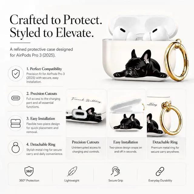 Alt view image 2 of 7 - Compatible with Airpod Pro 3rd Gen Case 2025,Anti-Drop Cover with Keychain,Artistic Multi-Pattern Protective Shell for Daily Commute,Workout&Gifting(French Bulldog Lying Down Art)