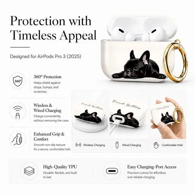 Alt view image 5 of 7 - Compatible with Airpod Pro 3rd Gen Case 2025,Anti-Drop Cover with Keychain,Artistic Multi-Pattern Protective Shell for Daily Commute,Workout&Gifting(French Bulldog Lying Down Art)