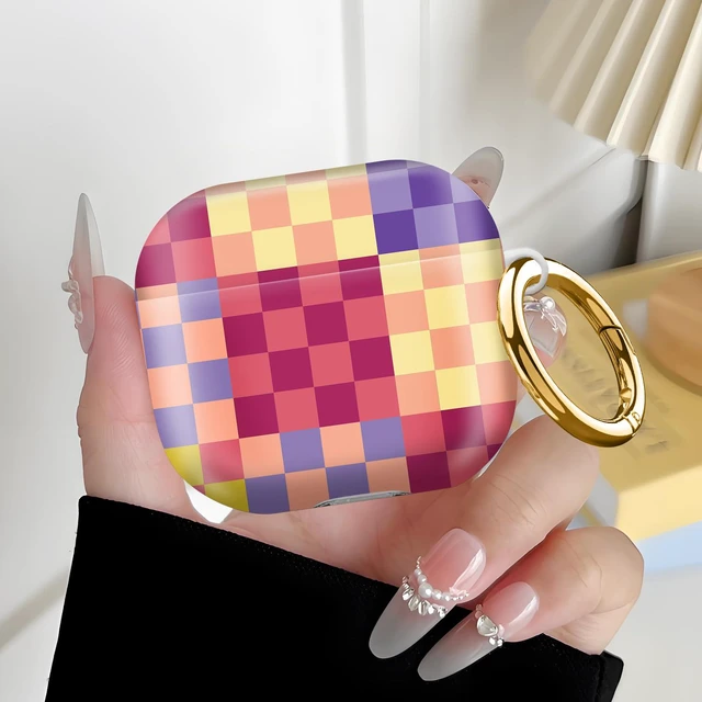 Alt view image 6 of 6 - Compatiable with AirPod 4 Protective Case 2024, Soft Protective Case with Keychain for Women,Cute Shockproof Charging Case Cover for AirPod 4(Checkered Pink Yellow Purple)