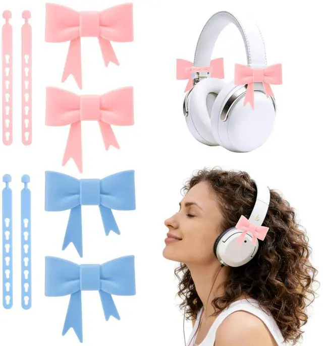 Main image of 4 Pack Silicone Bow Decor Headphone Accessories, 3D Cute Earphone Accessories for Women Girls, Gamer Gift for Christmas,Gamer Girl Headphones Accessories-Pink+Blue