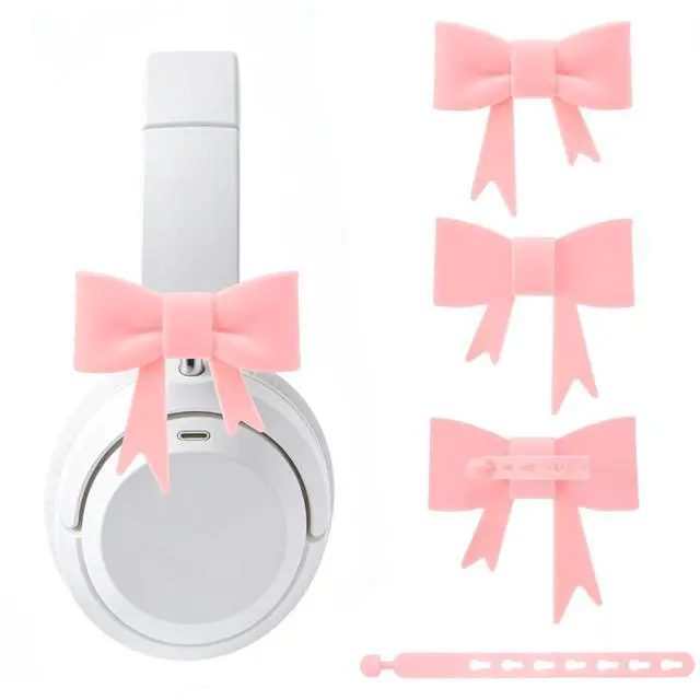 Alt view image 2 of 6 - 4 Pack Silicone Bow Decor Headphone Accessories, 3D Cute Earphone Accessories for Women Girls, Gamer Gift for Christmas,Gamer Girl Headphones Accessories-Pink+Blue