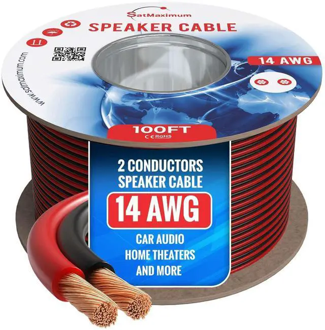 Main image of Speaker Cable 100FT 14AWG 2 Conductors (14/2) CL3 Rated CCA (Copper Clad Aluminum) Black and Red Jacket Compatible with Low Voltage LED Wire, Car Audio, Home Theater
