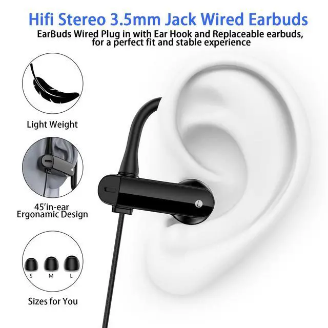 Alt view image 2 of 6 - Wired Over Ear Earbuds 3.5mm Sport Headphones with Ear Hooks& Mic | Wrap Around EarBuds Wired Earphones 5.9ft Cord for Chromebook Laptop/iPad Plug in EarBuds for Computer/Samsung A15 A14 School