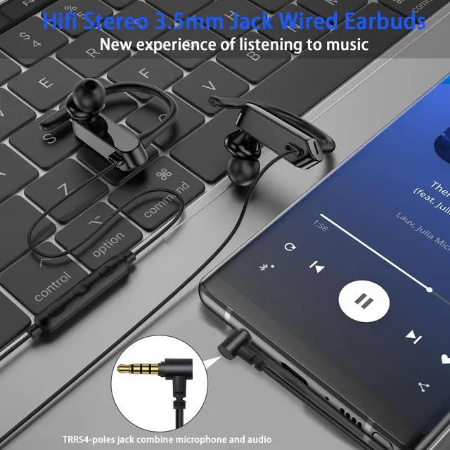 Alt view image 4 of 6 - Wired Over Ear Earbuds 3.5mm Sport Headphones with Ear Hooks& Mic | Wrap Around EarBuds Wired Earphones 5.9ft Cord for Chromebook Laptop/iPad Plug in EarBuds for Computer/Samsung A15 A14 School