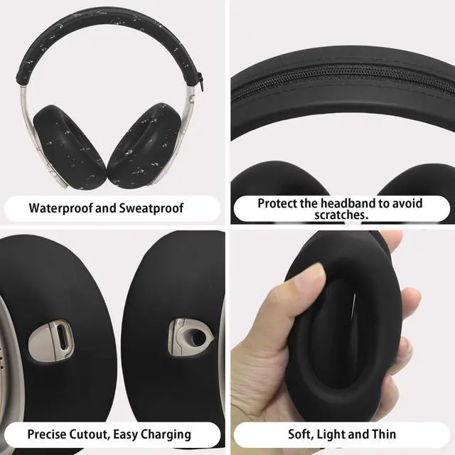 Alt view image 4 of 6 - Silicone Sweat Ear Covers Headband Cover for Beats Studio Pro & Beats Studio 3 Headphones Accessories, Soft Earpad Covers Case Cover Protector Sweatproof & Easy to Clean - Black