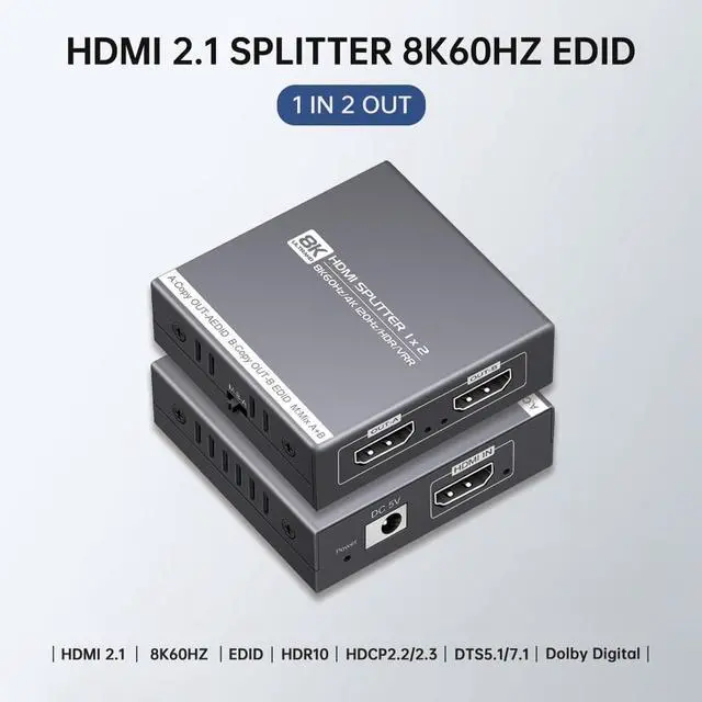 Alt view image 2 of 7 - HDMI Splitter 1 in 2 Out 4K 120Hz 8K 60Hz, HDMI 2.1 Splitter Support HDCP 2.3, EDID, VRR, HDR10, Dolby, for PS5/4, Xbox, Fire Stick, Blu-ray Player, Hue Sync Box, etc