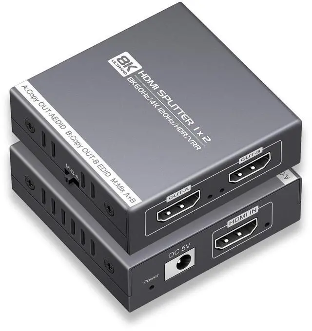 Main image of HDMI Splitter 1 in 2 Out 4K 120Hz 8K 60Hz, HDMI 2.1 Splitter Support HDCP 2.3, EDID, VRR, HDR10, Dolby, for PS5/4, Xbox, Fire Stick, Blu-ray Player, Hue Sync Box, etc