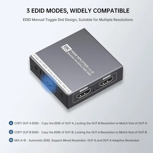Alt view image 4 of 7 - HDMI Splitter 1 in 2 Out 4K 120Hz 8K 60Hz, HDMI 2.1 Splitter Support HDCP 2.3, EDID, VRR, HDR10, Dolby, for PS5/4, Xbox, Fire Stick, Blu-ray Player, Hue Sync Box, etc