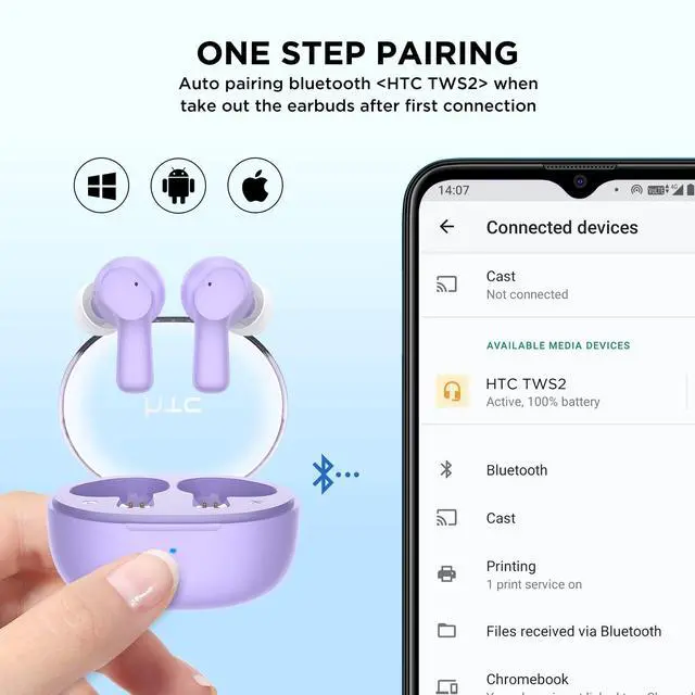 Alt view image 3 of 6 - True Wireless Earbuds 1 Bluetooth 5.3 Earphones, in-Ear Headphone ENC Noise Cancellation with Transparent Charging Case, 32-Hour Playtime/Built-in Mic/Touch Control -Crystal Purple
