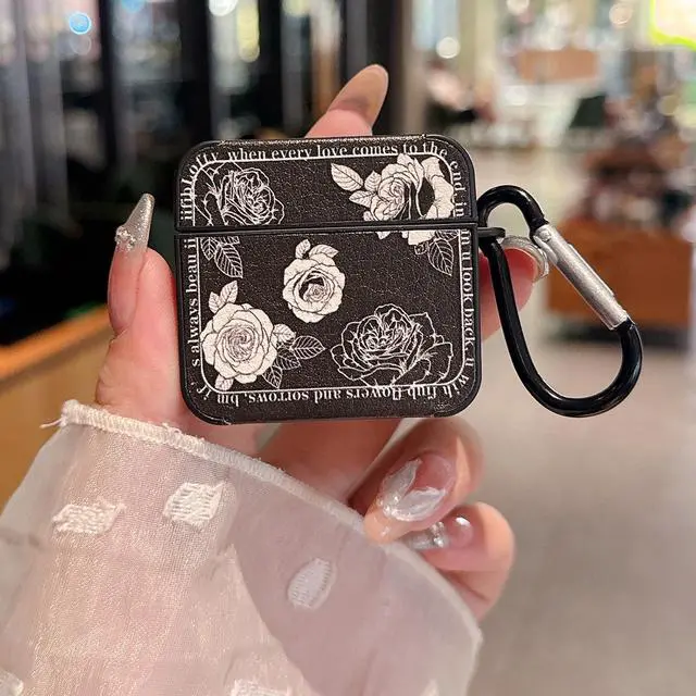 Alt view image 3 of 6 - for AirPod 4 Case for Women Girls Cute Retro Flower Design with Keychain PU Leather Squre Shockproof Protective Cover Compatible with AirPods 4th Gen Case (Retro Rose Black)