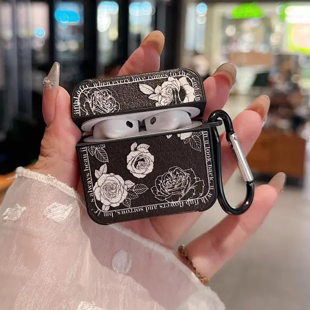 Alt view image 4 of 6 - for AirPod 4 Case for Women Girls Cute Retro Flower Design with Keychain PU Leather Squre Shockproof Protective Cover Compatible with AirPods 4th Gen Case (Retro Rose Black)