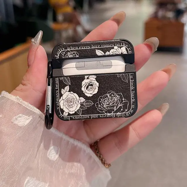 Alt view image 5 of 6 - for AirPod 4 Case for Women Girls Cute Retro Flower Design with Keychain PU Leather Squre Shockproof Protective Cover Compatible with AirPods 4th Gen Case (Retro Rose Black)
