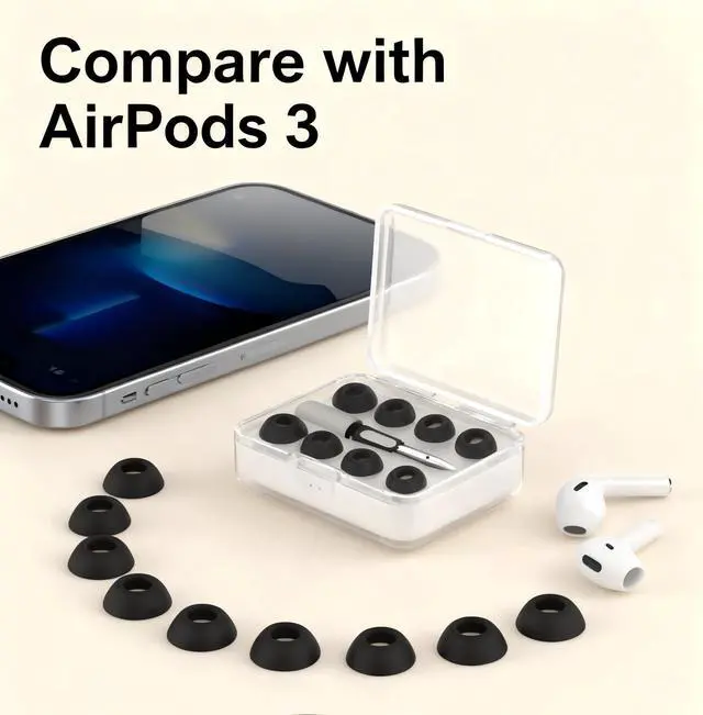 Alt view image 5 of 6 - Memory Foam Tips for AirPods Pro 3, Anti-Slip Replacement Ear Tips | Silicon Earbuds Tips with Cleaning Kit,Fit in The Charging Case, Soft Reducing Noise Ear Tips, 4 Pairs XS,S/M/L Black