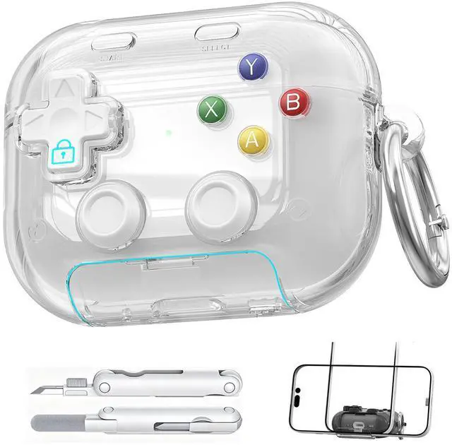 Main image of Case for AirPods Pro 3 with Phone Stand, Security Lock, 3D Decompression Button, Includes 3-in-1 Cleaning Pen & Metal Keychain, Shockproof Design, White