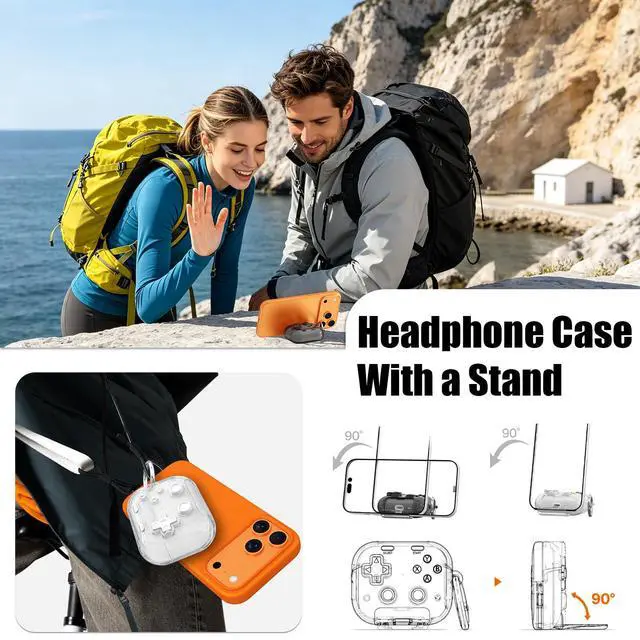 Alt view image 4 of 7 - Case for AirPods Pro 3 with Phone Stand, Security Lock, 3D Decompression Button, Includes 3-in-1 Cleaning Pen & Metal Keychain, Shockproof Design, White