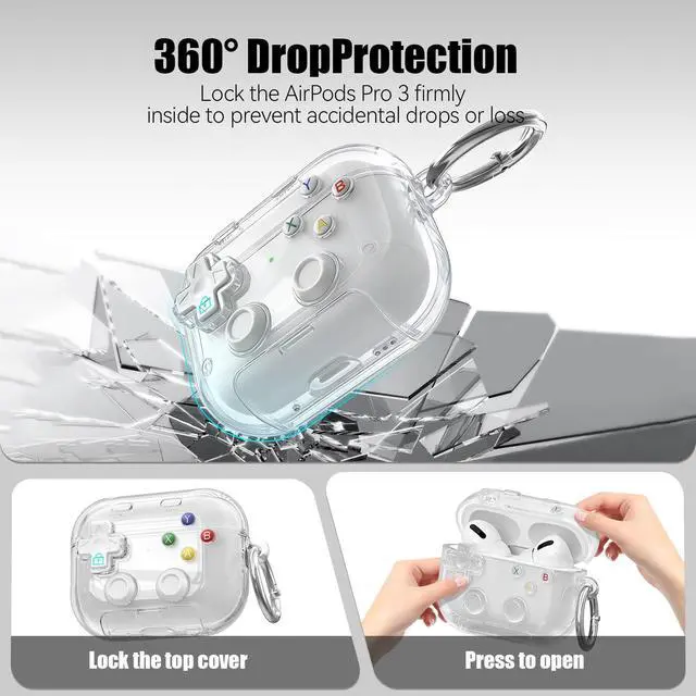 Alt view image 6 of 7 - Case for AirPods Pro 3 with Phone Stand, Security Lock, 3D Decompression Button, Includes 3-in-1 Cleaning Pen & Metal Keychain, Shockproof Design, White