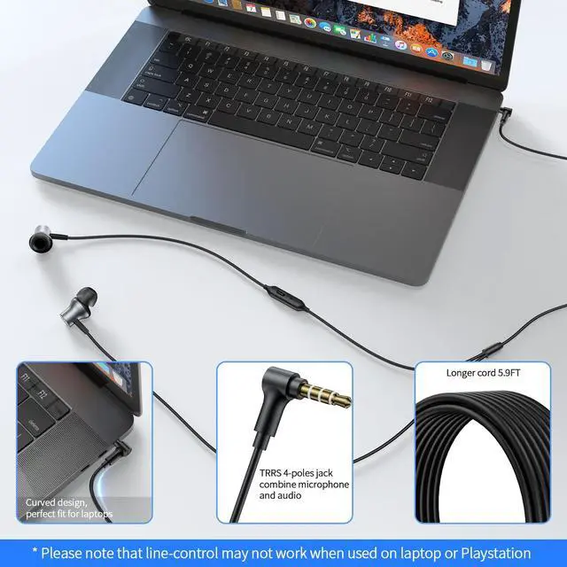 Alt view image 2 of 7 - 5.9ft Long Cord Earbuds Wired for Chromebook Laptop PC, Grey | Ear Buds Wired with 3.5mm Plug in Audio Jack Mic HiFi Stereo Wire Headphones Corded Earphones for Kindle School Class