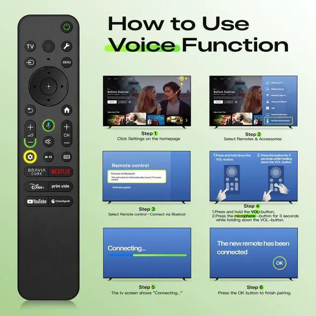 Alt view image 6 of 6 - Voice Remote for Sony-TV-Remote, Replacement for All Sony Remote Control for Bravia Smart TV with Voice Function, for Bravia 4K 8K UHD LCD HD LED OLED Series TVs with 6 Shortcut Buttons