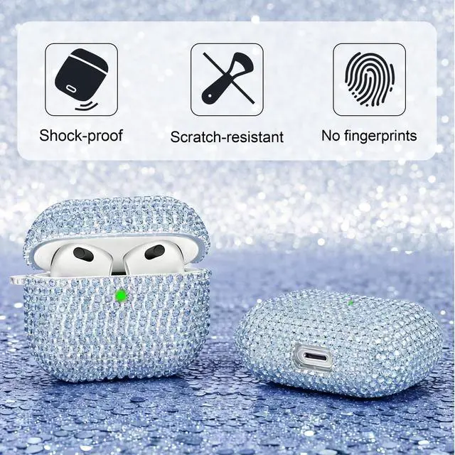 Alt view image 3 of 7 - Bling Case Compatible with AirPods 3rd Generation (2021), Sparkling Diamond Case for AirPods 3 Case Bling Rhinestones for Women, Shockproof Protective Cute Cover with Keychain (Blue)