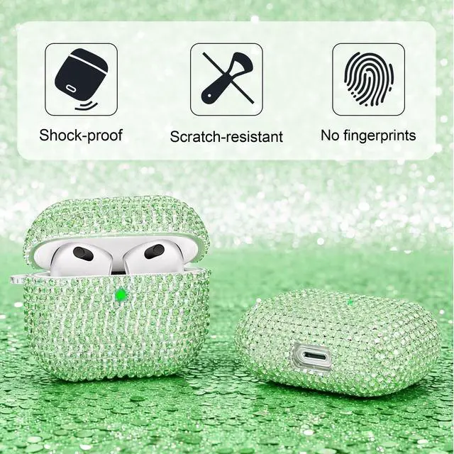 Alt view image 3 of 7 - Bling Case Compatible with AirPods 3rd Generation (2021), Sparkling Diamond Case for AirPods 3 Case Bling Rhinestones for Women, Shockproof Protective Cute Cover with Keychain (Green)