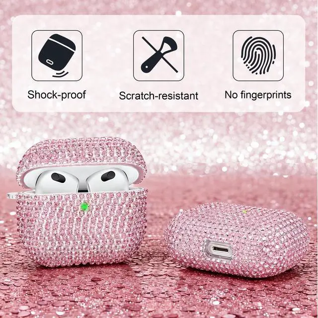 Alt view image 3 of 7 - Bling Case Compatible with AirPods 3rd Generation (2021), Sparkling Diamond Case for AirPods 3 Case Bling Rhinestones for Women, Shockproof Protective Cute Cover with Keychain (Pink)