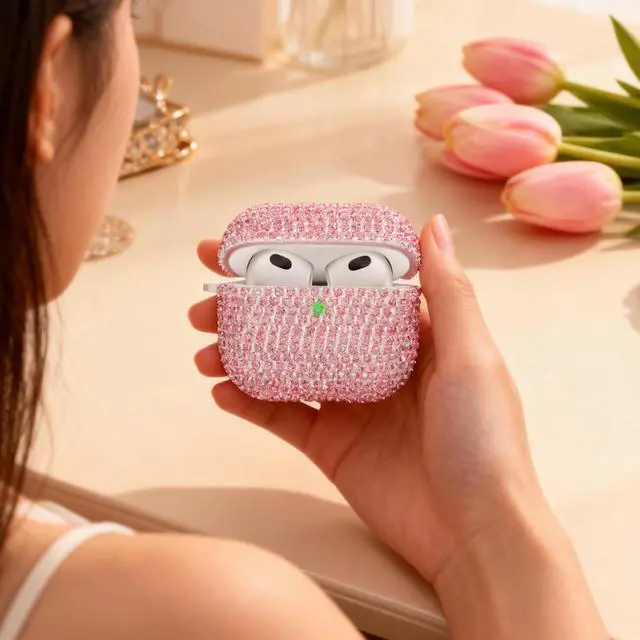 Alt view image 5 of 7 - Bling Case Compatible with AirPods 3rd Generation (2021), Sparkling Diamond Case for AirPods 3 Case Bling Rhinestones for Women, Shockproof Protective Cute Cover with Keychain (Pink)