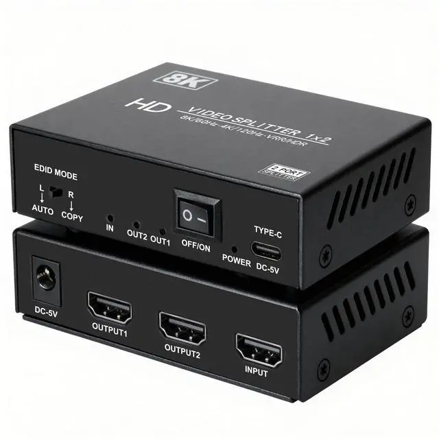Main image of 8K HDMI Splitter 1 in 2 Out 4k@120Hz 1x2 hdmi 2.1 Splitter for Dual Monitors (Not Extend) Support 8k@60Hz,4:4:4,48 Gbps,EDID,Auto Down Scaler, HDCP 2.3, VRR, HDR10+ for PS5Laptop,HDTV,Projector