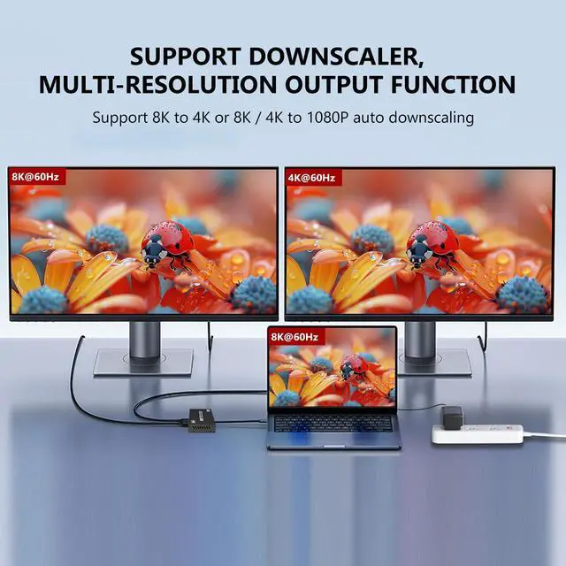Alt view image 4 of 7 - 8K HDMI Splitter 1 in 2 Out 4k@120Hz 1x2 hdmi 2.1 Splitter for Dual Monitors (Not Extend) Support 8k@60Hz,4:4:4,48 Gbps,EDID,Auto Down Scaler, HDCP 2.3, VRR, HDR10+ for PS5Laptop,HDTV,Projector