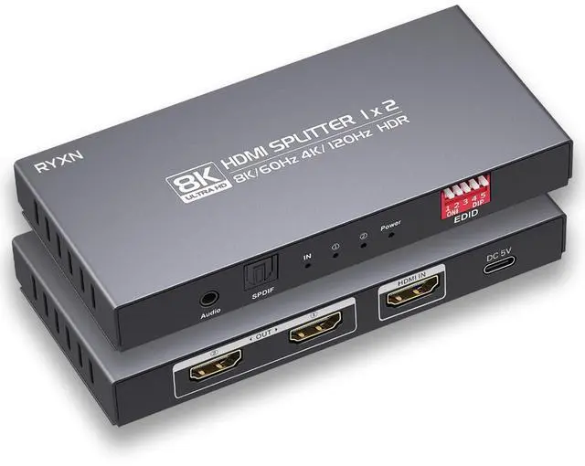 Main image of 8K HDMI Splitter 1 in 2 Out 4K@120Hz 8K@60Hz HDMI 2.1 Splitter, Supports Audio Extractor, HDCP 2.3, EDID, HDMI Audio Out, for PS5/PS4, Xbox, Fire Stick, Blu-ray Player, Hue Sync Box