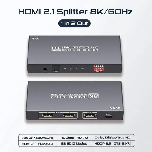 Alt view image 2 of 7 - 8K HDMI Splitter 1 in 2 Out 4K@120Hz 8K@60Hz HDMI 2.1 Splitter, Supports Audio Extractor, HDCP 2.3, EDID, HDMI Audio Out, for PS5/PS4, Xbox, Fire Stick, Blu-ray Player, Hue Sync Box