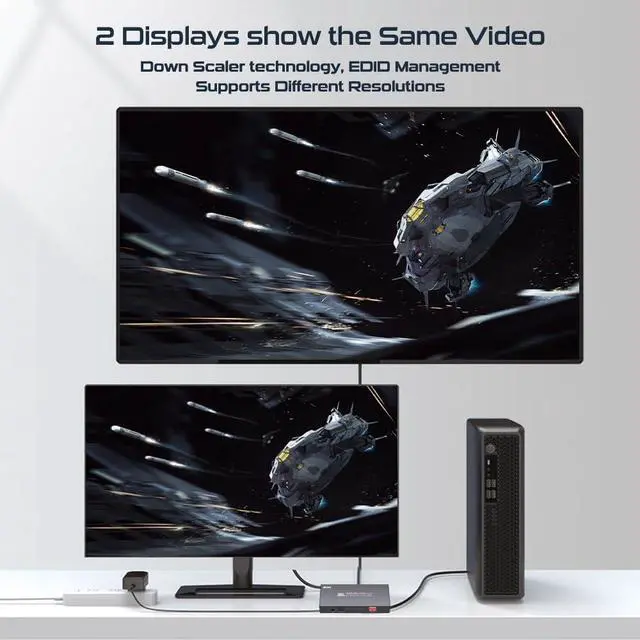 Alt view image 3 of 7 - 8K HDMI Splitter 1 in 2 Out 4K@120Hz 8K@60Hz HDMI 2.1 Splitter, Supports Audio Extractor, HDCP 2.3, EDID, HDMI Audio Out, for PS5/PS4, Xbox, Fire Stick, Blu-ray Player, Hue Sync Box