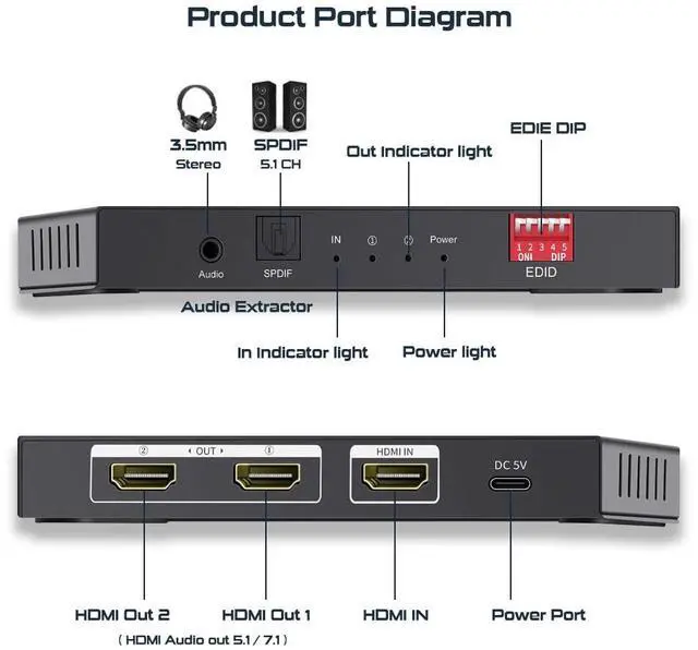 Alt view image 4 of 7 - 8K HDMI Splitter 1 in 2 Out 4K@120Hz 8K@60Hz HDMI 2.1 Splitter, Supports Audio Extractor, HDCP 2.3, EDID, HDMI Audio Out, for PS5/PS4, Xbox, Fire Stick, Blu-ray Player, Hue Sync Box