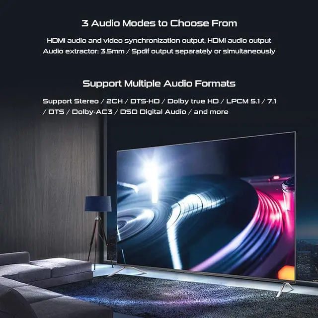 Alt view image 7 of 7 - 8K HDMI Splitter 1 in 2 Out 4K@120Hz 8K@60Hz HDMI 2.1 Splitter, Supports Audio Extractor, HDCP 2.3, EDID, HDMI Audio Out, for PS5/PS4, Xbox, Fire Stick, Blu-ray Player, Hue Sync Box