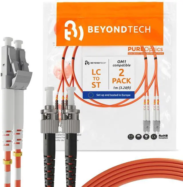Main image of 1m (3.28ft) LC to ST Fiber Patch Cable (2 Pack) UPC Multimode Duplex Fiber Optic Cable 62.5/125µm core, Compatible with OM1 LSZH PUREOptics Series
