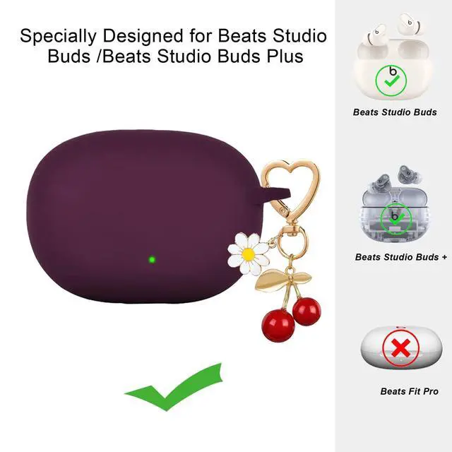 Alt view image 2 of 6 - for Beats Studio Buds Case/Studio Buds Plus Case Cover,Soft Silicone Cover Protective with Cute Cherry Daisy Flower Charm Keychain for Beats Studio Buds+ Charging Case Dark Purple