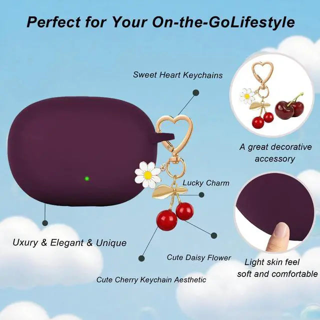 Alt view image 4 of 6 - for Beats Studio Buds Case/Studio Buds Plus Case Cover,Soft Silicone Cover Protective with Cute Cherry Daisy Flower Charm Keychain for Beats Studio Buds+ Charging Case Dark Purple