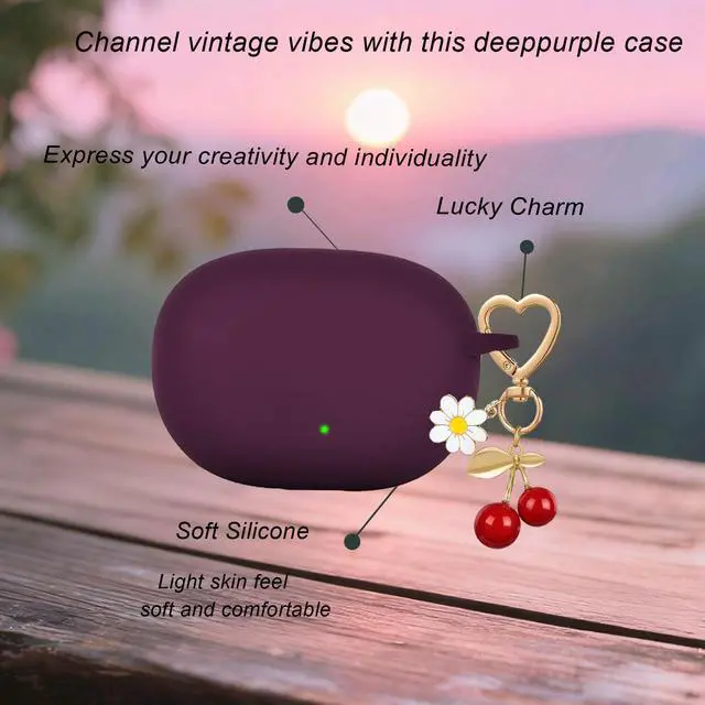 Alt view image 5 of 6 - for Beats Studio Buds Case/Studio Buds Plus Case Cover,Soft Silicone Cover Protective with Cute Cherry Daisy Flower Charm Keychain for Beats Studio Buds+ Charging Case Dark Purple