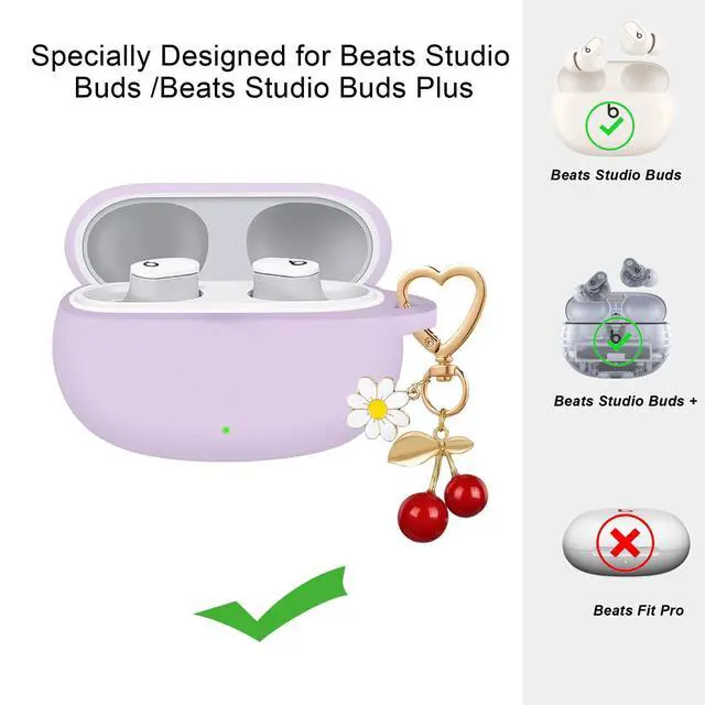 Alt view image 2 of 6 - for Beats Studio Buds Case/Studio Buds Plus Case Cover,Soft Silicone Cover Protective with Cute Cherry Daisy Flower Charm Keychain for Beats Studio Buds+ Earbuds Charging Case Purple