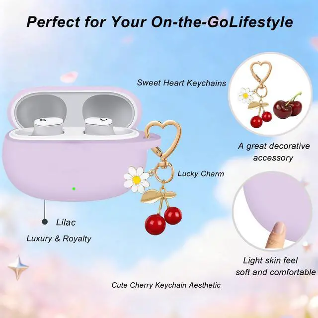 Alt view image 4 of 6 - for Beats Studio Buds Case/Studio Buds Plus Case Cover,Soft Silicone Cover Protective with Cute Cherry Daisy Flower Charm Keychain for Beats Studio Buds+ Earbuds Charging Case Purple