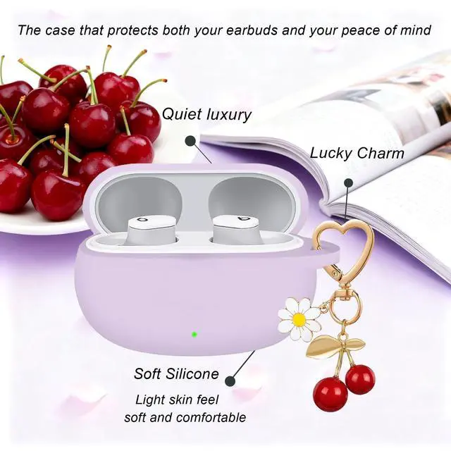Alt view image 5 of 6 - for Beats Studio Buds Case/Studio Buds Plus Case Cover,Soft Silicone Cover Protective with Cute Cherry Daisy Flower Charm Keychain for Beats Studio Buds+ Earbuds Charging Case Purple