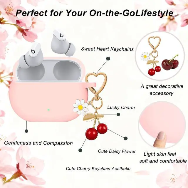 Alt view image 4 of 6 - for Beats Studio Buds Case/Studio Buds Plus Case Cover,Soft Silicone Cover Protective Case with Cute Cherry Daisy Flower Charm Keychain for Beats Studio Buds+ Earbuds Charging Case Pink