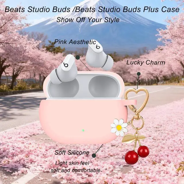 Alt view image 5 of 6 - for Beats Studio Buds Case/Studio Buds Plus Case Cover,Soft Silicone Cover Protective Case with Cute Cherry Daisy Flower Charm Keychain for Beats Studio Buds+ Earbuds Charging Case Pink