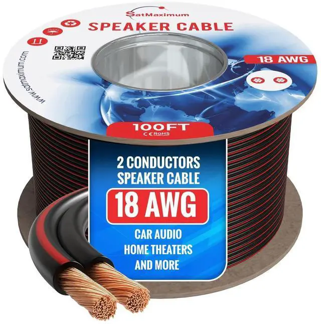 Main image of Speaker Cable 100FT 18AWG 2 Conductors (18/2) CL3 Rated CCA (Copper Clad Aluminum) Black Jacket Compatible with Low Voltage LED Wire, Car Audio, Home Theater